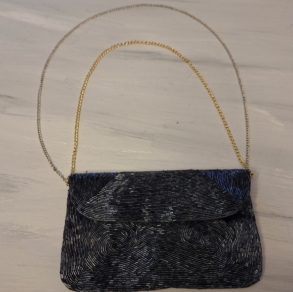 Sequin Purse Gunmetal Silver Micro Metallic Beads Softback Clutch Vintage Mini - Picture 9 of 16